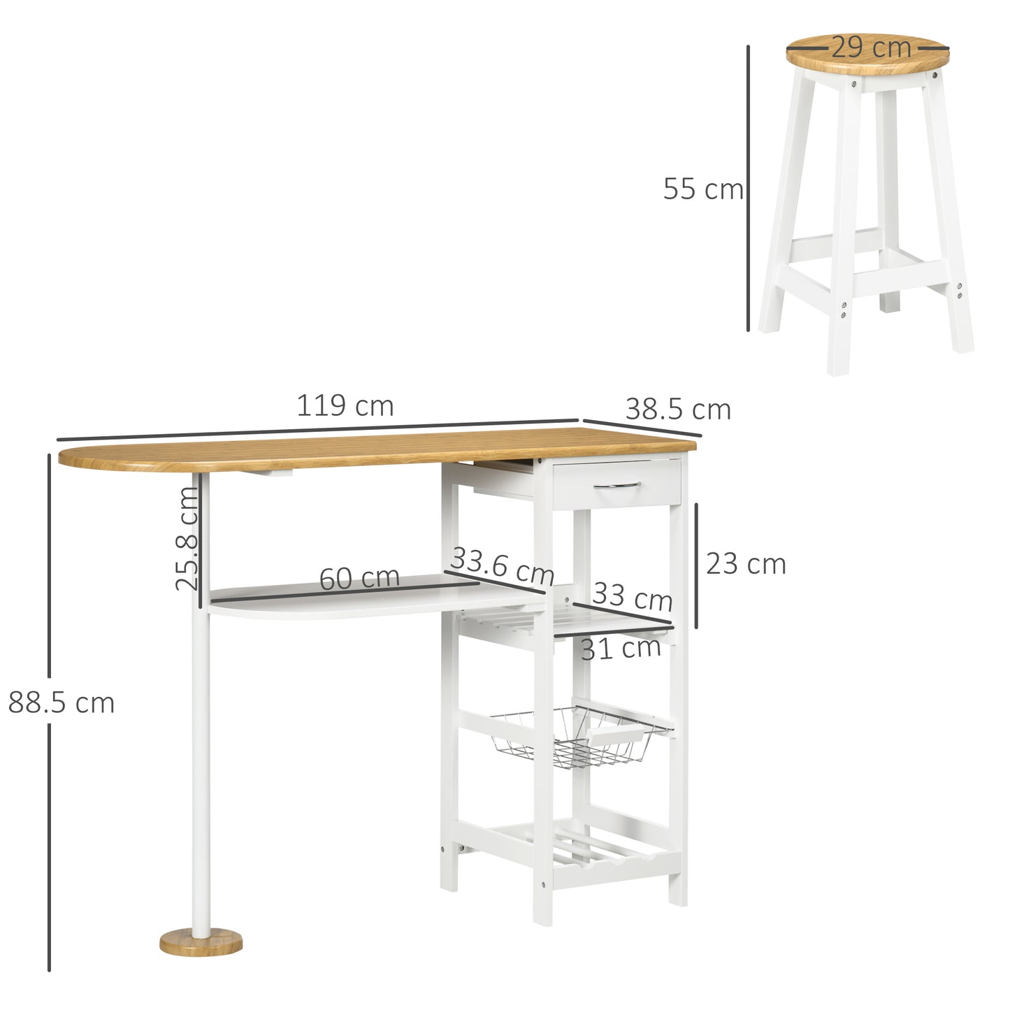 3 Piece Bar Table Set, Breakfast Bar table and Stools with Storage Shelf, Drawer, Wire Basket and Wine Rack for Kitchen