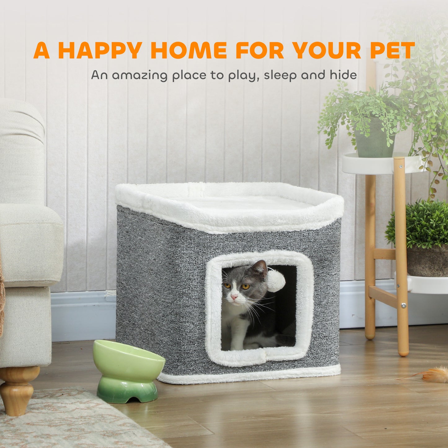 Cat House for Indoor Kittens, 2-Level Cat Cave Bed with Fluffy Balls, Top Bed, Kitten Barrel for Multi Kitties, Grey