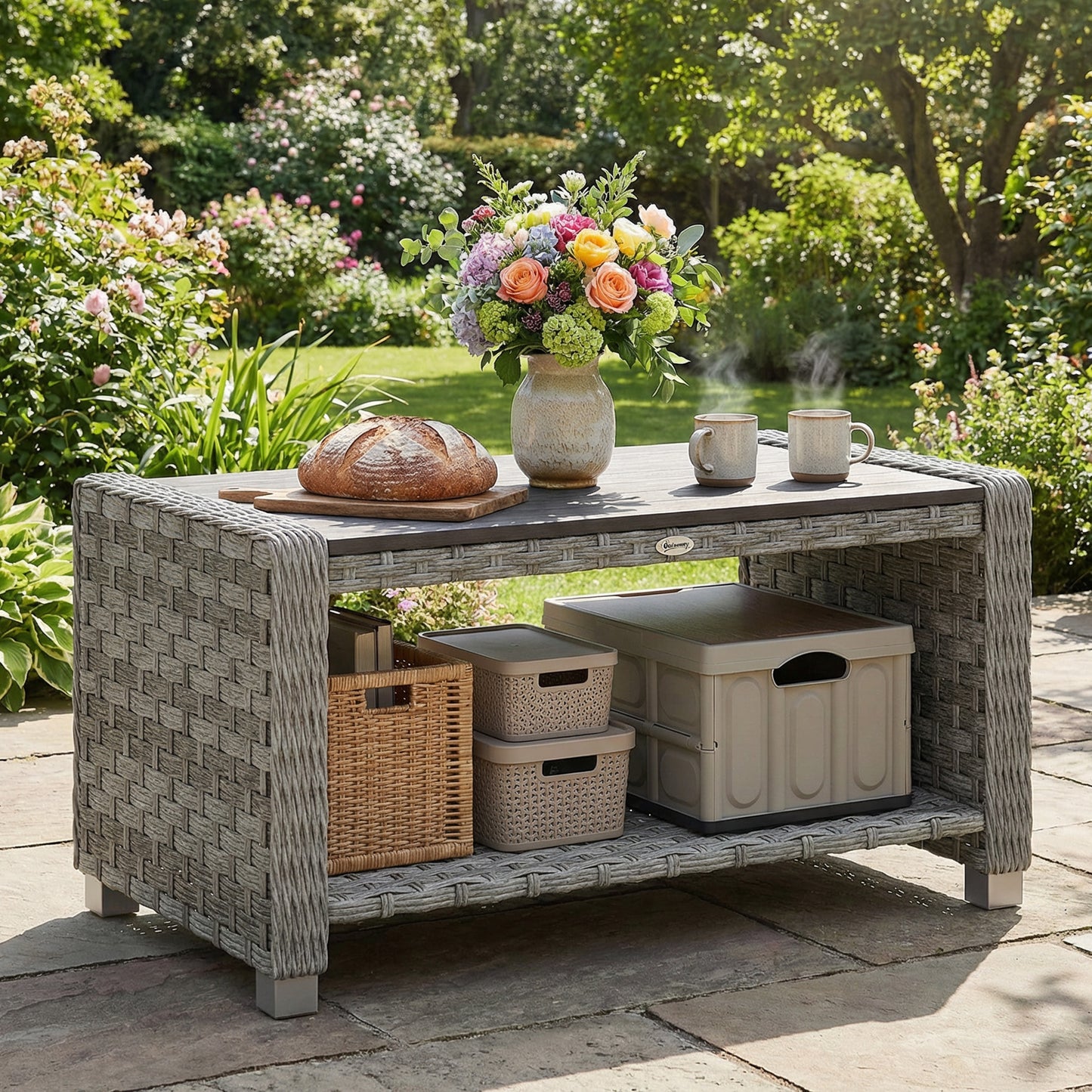 Outdoor Coffee Table with Storage Shelf, PE Rattan Side Table with Slatted Top and Foot Pads, Grey