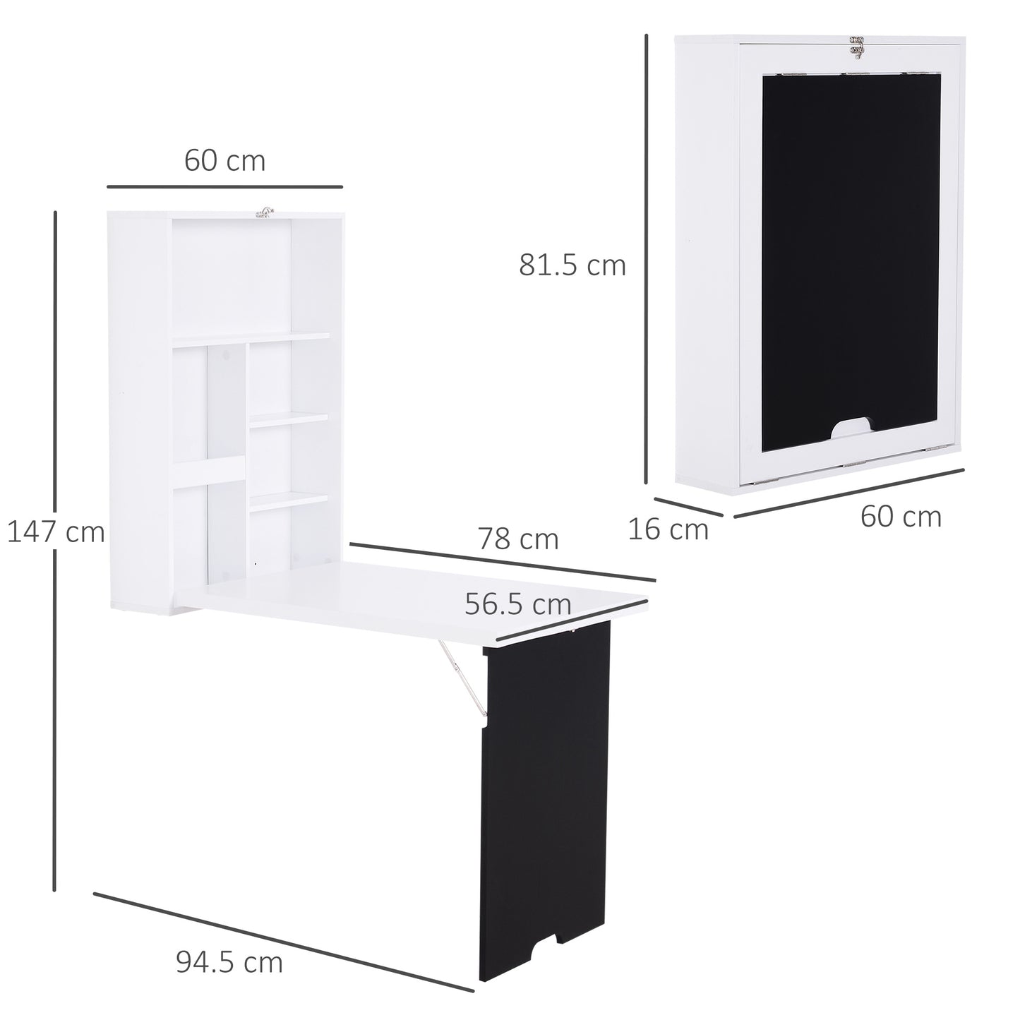 Folding Wall-Mounted Drop-Leaf Table, Convertible Wall Table With Chalkboard and Storage Shelf