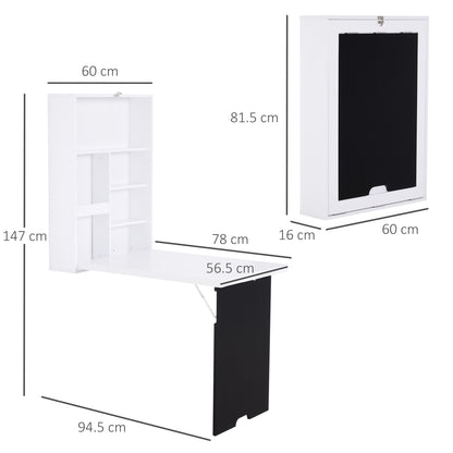 Folding Wall-Mounted Drop-Leaf Table, Convertible Wall Table With Chalkboard and Storage Shelf