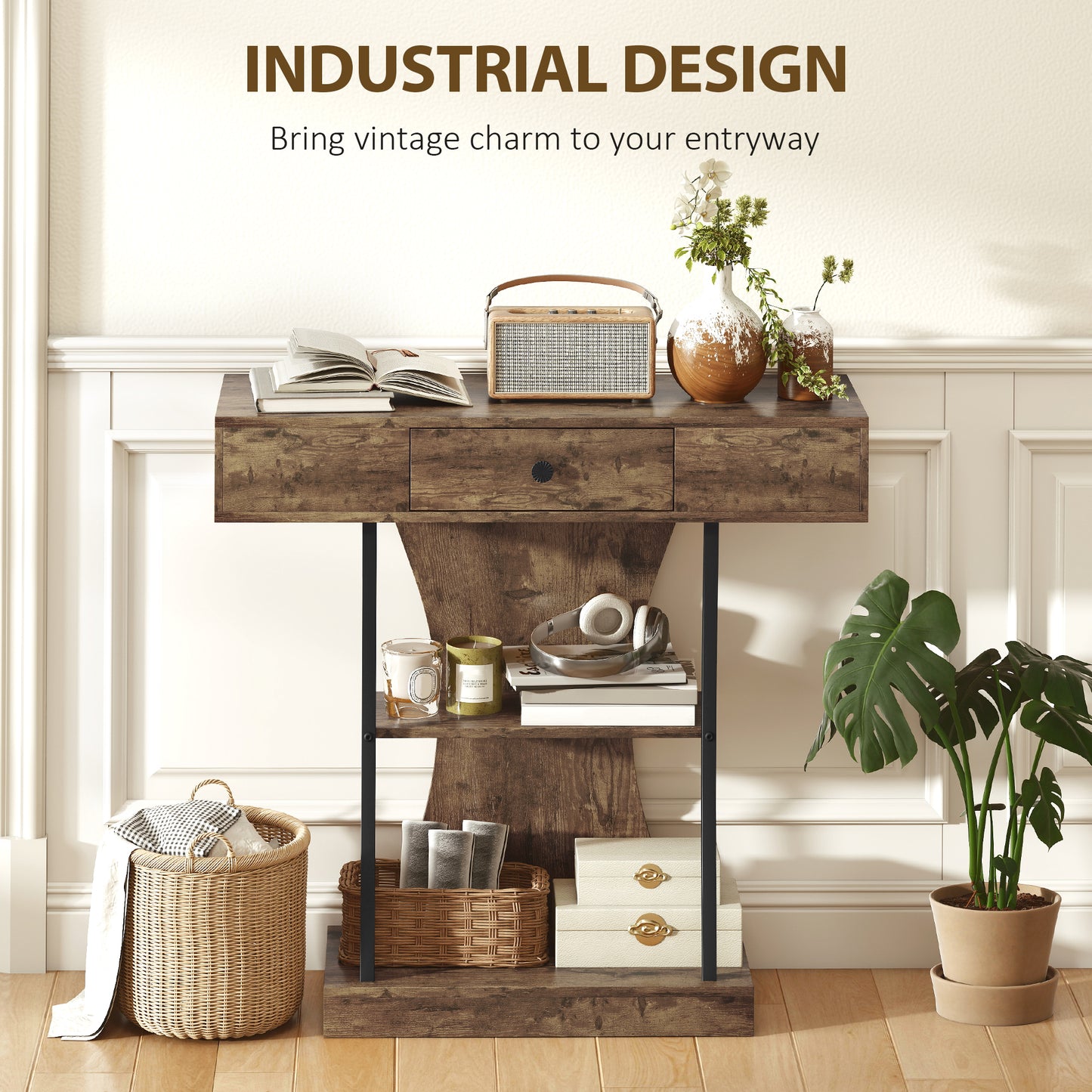 Console Table, 3-Tier Industrial Hallway Table with Drawer, Storage Shelves, 91 x 32 x 87 cm, Rustic Brown