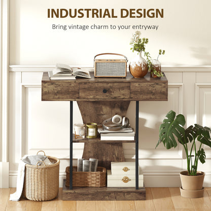 Console Table, 3-Tier Industrial Hallway Table with Drawer, Storage Shelves, 91 x 32 x 87 cm, Rustic Brown
