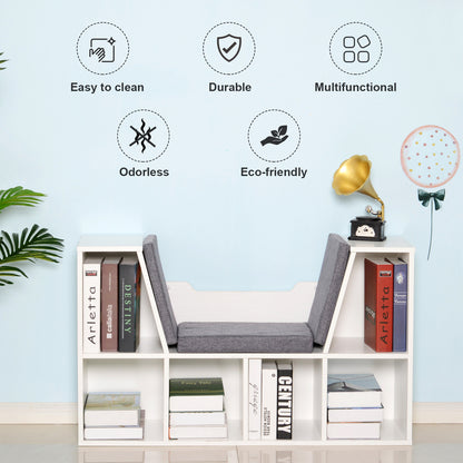 Bookcase Storage Shelf with Cushioned Reading Seat, Cube Bookshelf Organizer for Bedroom Living Room, White
