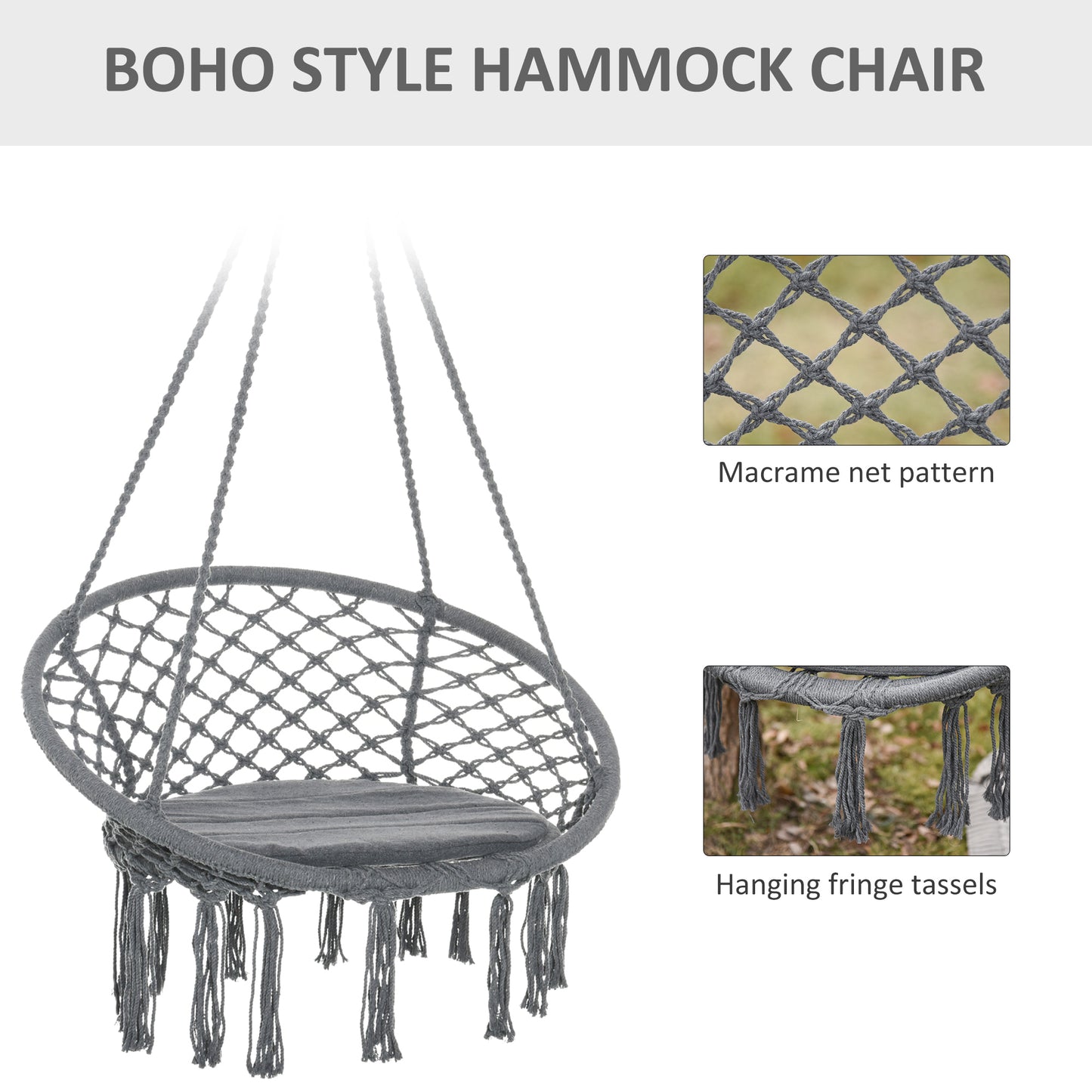 Outdoor Cotton-Polyester Blend Macrame Hanging Rope Chair with Cushion, Portable Garden Chair with Fringe Tassels for Patio