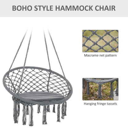 Outdoor Cotton-Polyester Blend Macrame Hanging Rope Chair with Cushion, Portable Garden Chair with Fringe Tassels for Patio