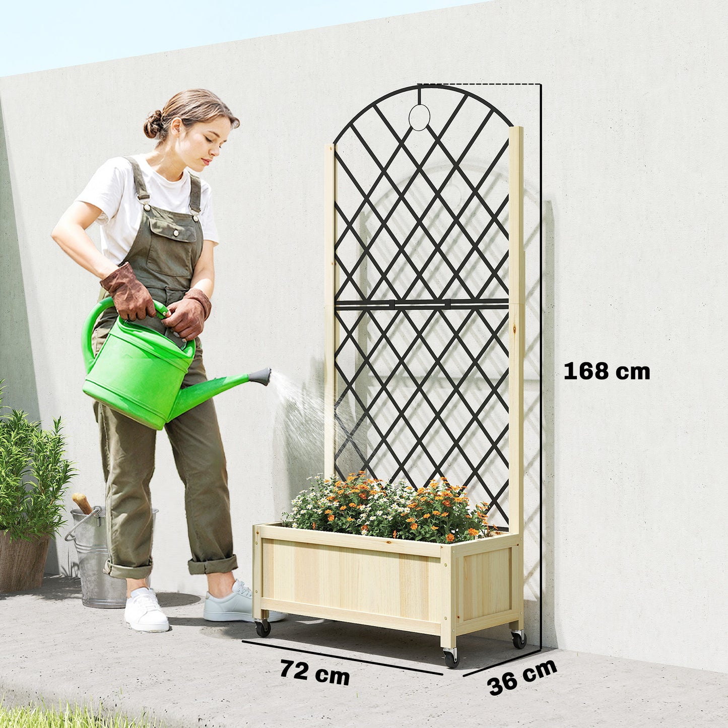 Raised Garden Bed with Metal Trellis, Wooden Elevated Planter Box with Lockable Wheels, Outdoor Raised Planter, Natural