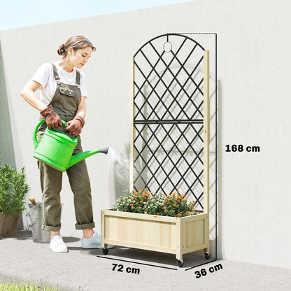 Raised Garden Bed with Metal Trellis, Wooden Elevated Planter Box with Lockable Wheels, Outdoor Raised Planter, Natural