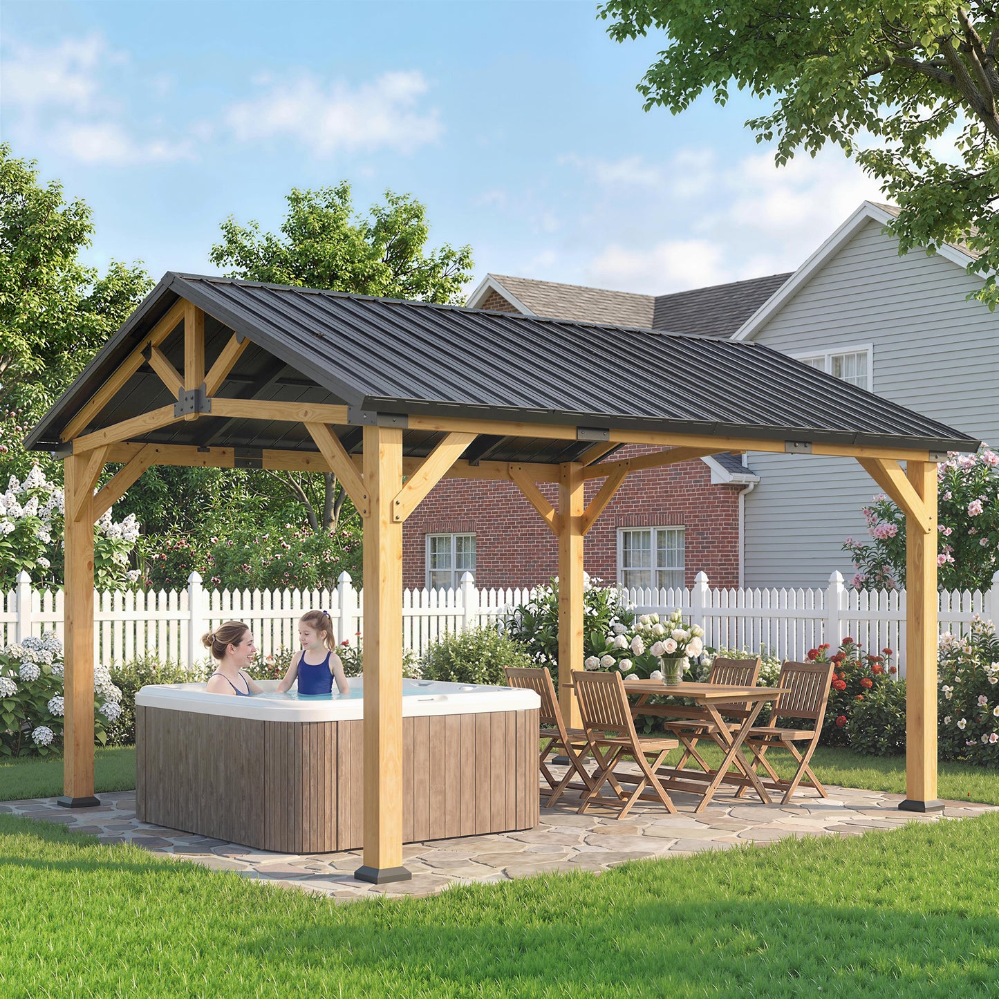 3.5 x 4 m Hardtop Gazebo Canopy with Galvanised Metal Roof, Fir Wood Frame and Hook for Patio, Garden, Black Grey