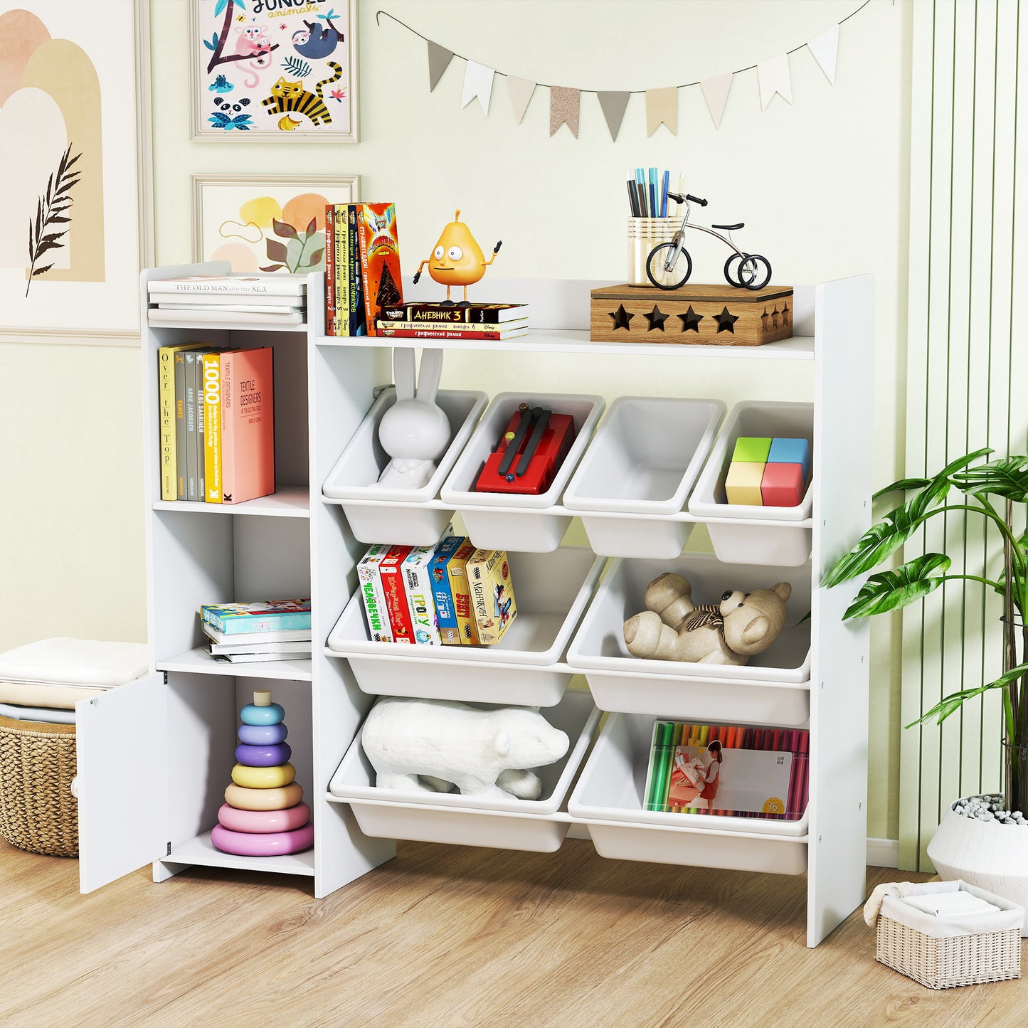 Toy Storage Unit with 8 Removable Bins, Storage Shelves, Cabinet, White