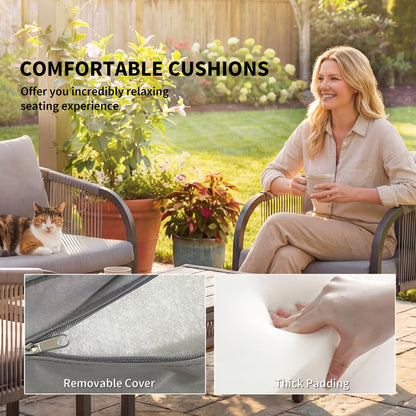 4 Piece Rattan Garden Furniture Set with Loveseat, Armchairs, Table, Steel Frame Wicker Patio Conversation Set, Grey