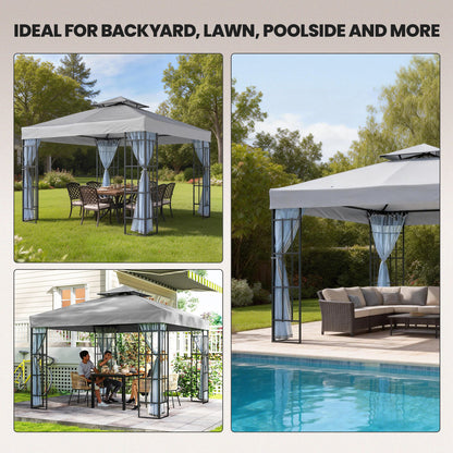 3 x 3(m) Patio Gazebo Canopy Garden Pavilion Tent Shelter with 2 Tier Roof and Mosquito Netting, Light Grey