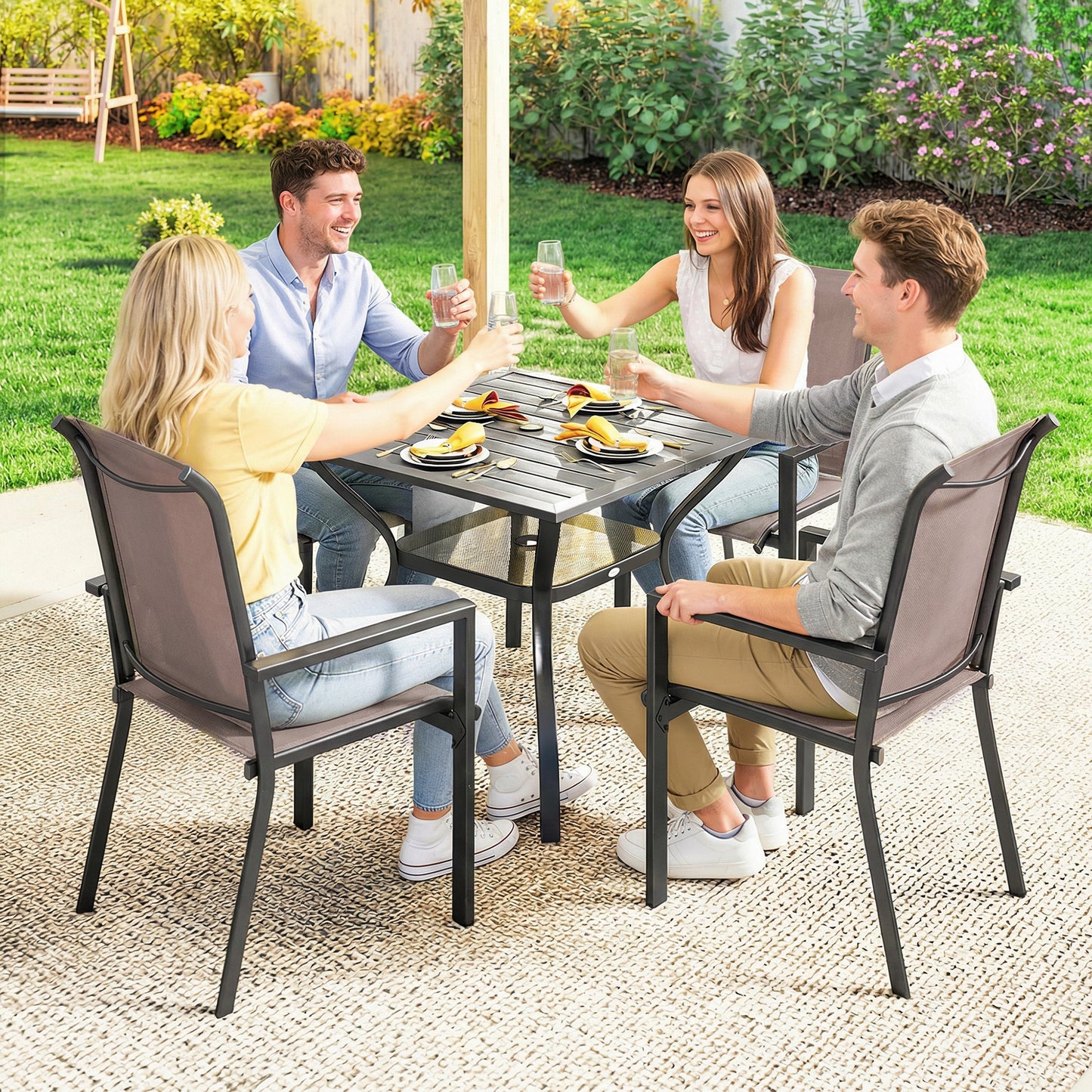5 Pieces Outdoor Dining Set for 4, Garden Table and Stackable Chairs with Breathable Mesh Seat, Grey and Khaki