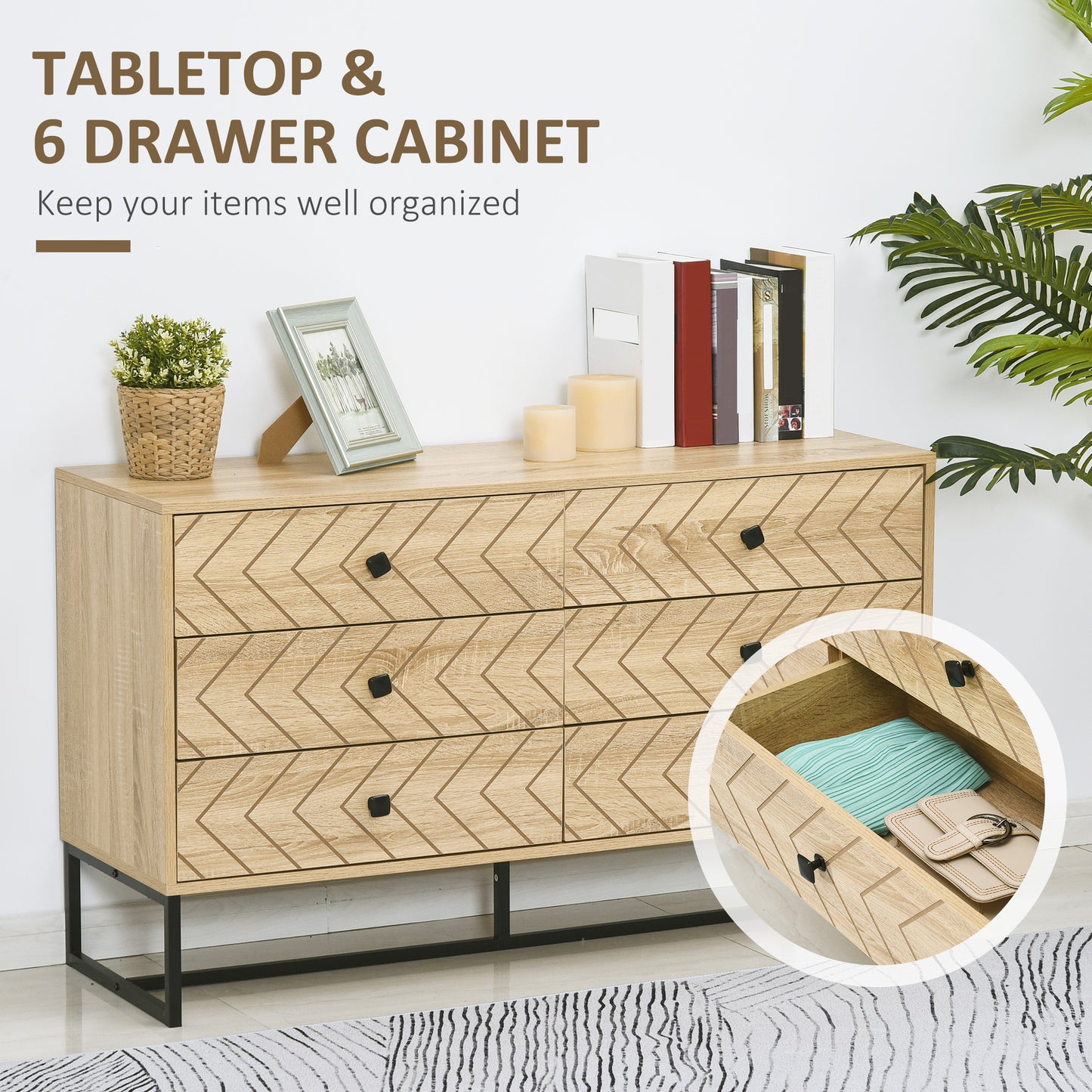 Bedroom Chest of Drawers, 6 Drawer Dresser, Sideboard Cabinet with Zigzag Design and Metal Base, Storage Drawer Unit