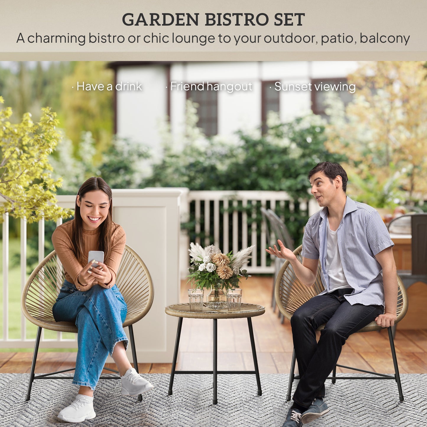 3 Pieces Rattan Bistro Set, Garden Bistro Set with Acapulco Chairs and Glass Top Table, Small Garden Furniture Set