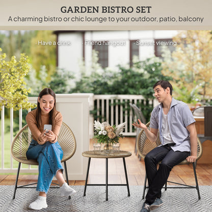 3 Pieces Rattan Bistro Set, Garden Bistro Set with Acapulco Chairs and Glass Top Table, Small Garden Furniture Set