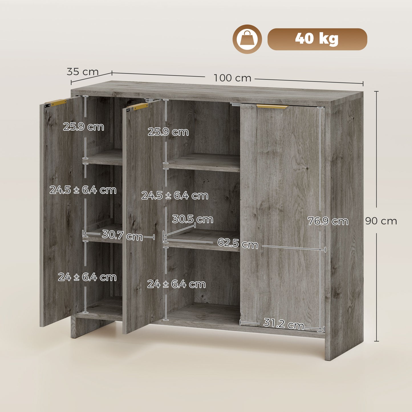 Sideboard Cabinet, Modern Storage Cabinet with 3 Doors and Adjustable Shelves for Living Room, Dining Room, Grey