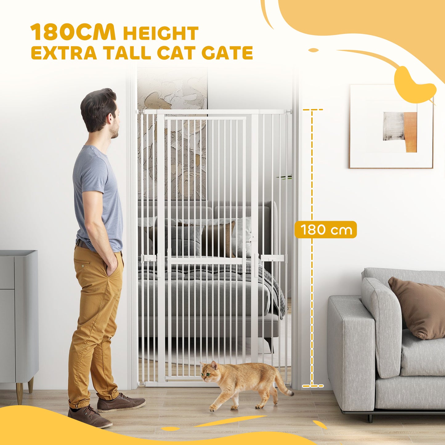 180cm Extra Tall Pet Gate with 3.5 cm Narrow Gap, Pressure Mounted No Drilling Cat Gate for Doorways, 77-104cm Width