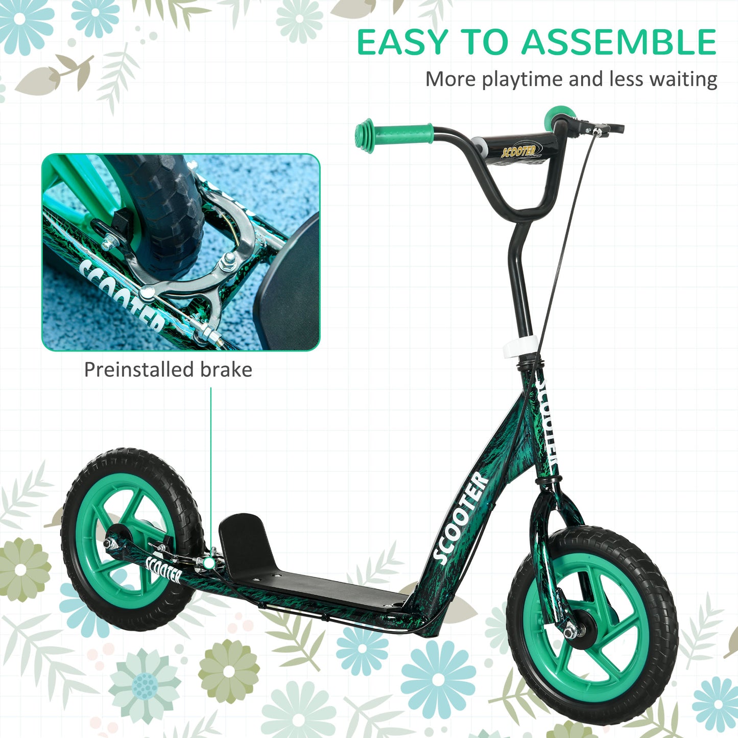 Kids Scooter with Adjustable Handlebar, Children's Kick Scooter with Non-slip Footplate, Rear Brake, Kickstand, Green