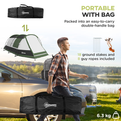 2 Man Camping Tent, with Two Rooms and Porch - Green