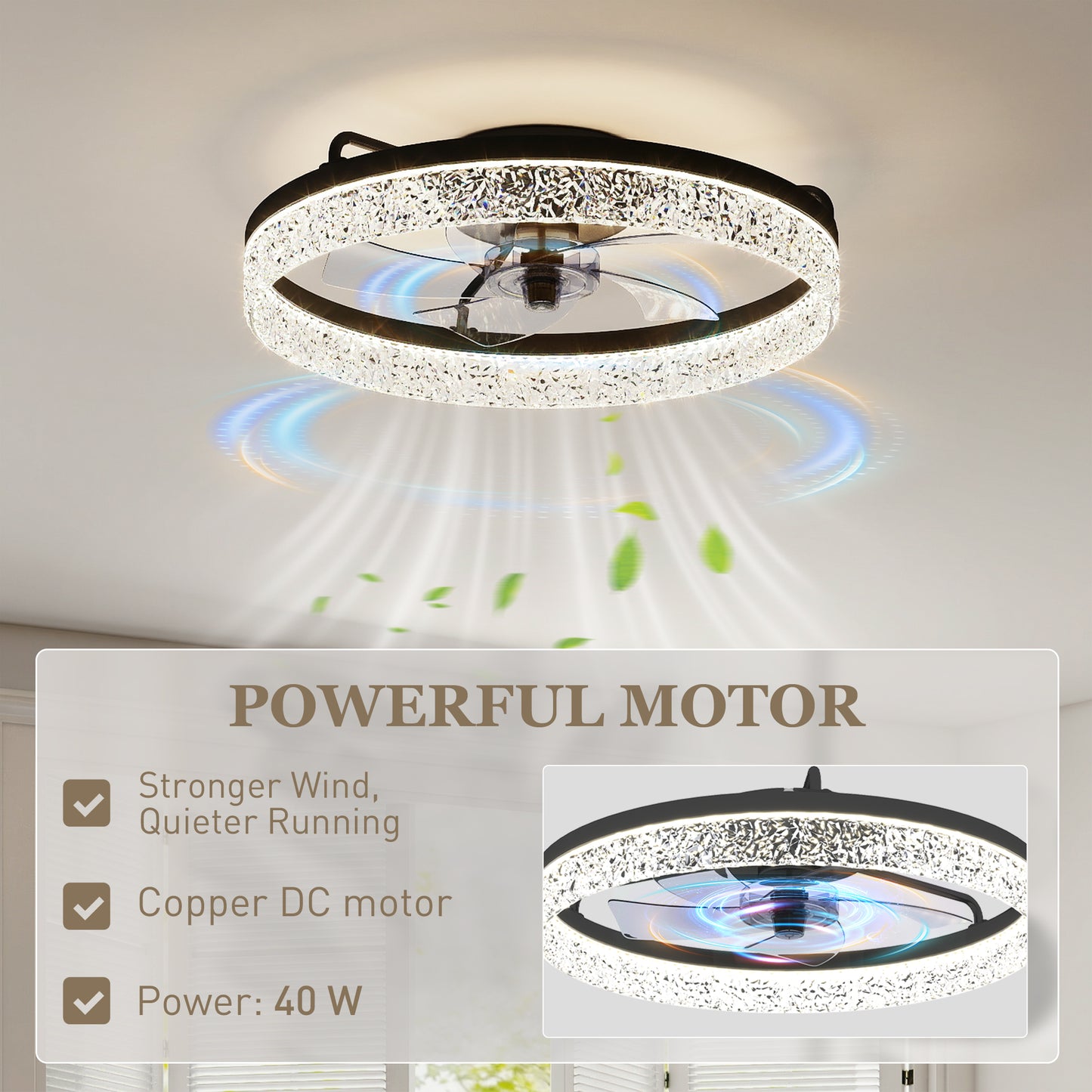 Ceiling Fan with Lights, Dimmable LED Mount Ceiling Fan Light with Remote App Control for Bedroom, Black