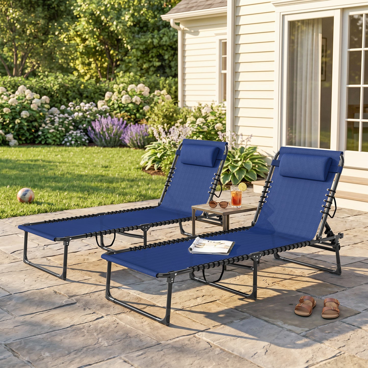 Set of Two Folding Sun Loungers, with Four-Position Backs - Blue