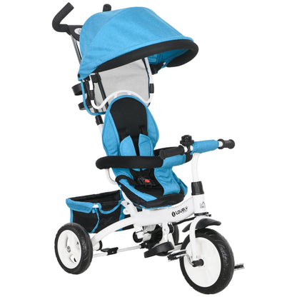 6 in 1 Kids Trike Push Bike w/ Push Handle, Canopy, 5-point Seat Belt, Storage, Footrest, Brake, for 1-5 Years, Blue