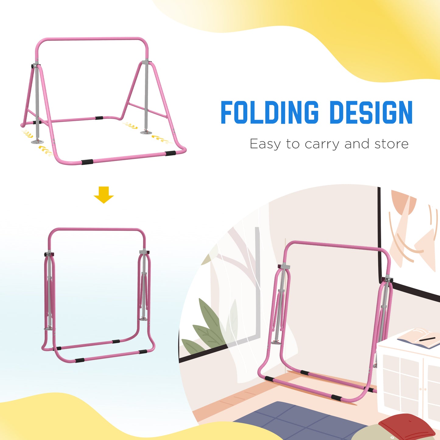 Kids Gymnastic Bar, with Adjustable Height, Foldable Horizontal Bars - Pink