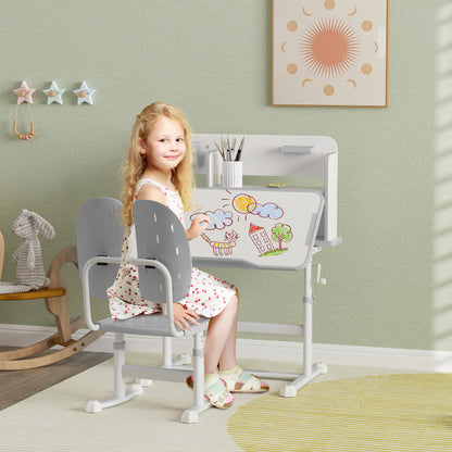 Height Adjustable Kids Desk and Chair Set, Children School Study Desk with Tiltable Desktop, Reading Rack, Grey