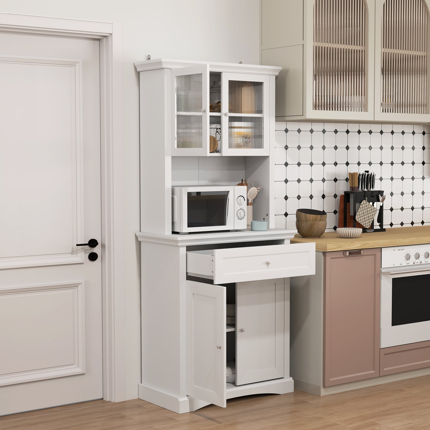 4-Door Kitchen Cupboard with Drawer, Freestanding Kitchen Cabinet with Glass Doors, Adjustable Shelves and Open Counter