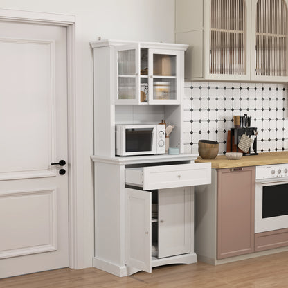 4-Door Kitchen Cupboard with Drawer, Freestanding Kitchen Cabinet with Glass Doors, Adjustable Shelves and Open Counter