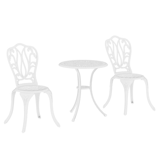 3 Piece Garden Bistro Set, Cast Aluminium Outdoor Furniture Set with Umbrella Hole for Balcony, Porch, Patio, White