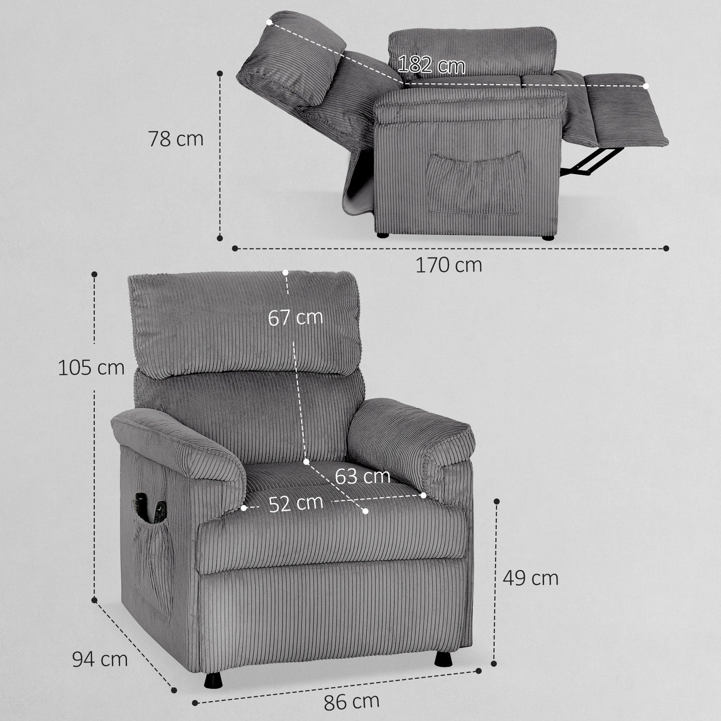 Corduroy Electric Massage Recliner - Grey