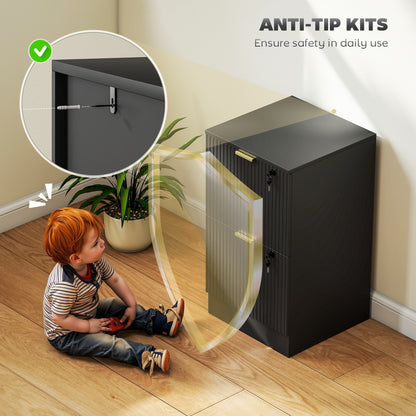 Filing Cabinet, Fluted Vertical File Cabinet with 2 Lockable Drawers and Hanging Rails, Black