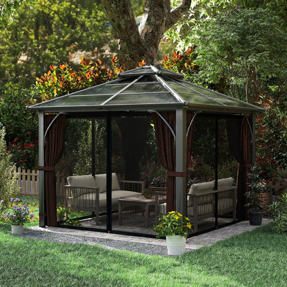 3 x 3(m) Hardtop Gazebo Canopy with 7mm Polycarbonate Double-Tier Roof, Garden Gazebo Permanent Pavilion