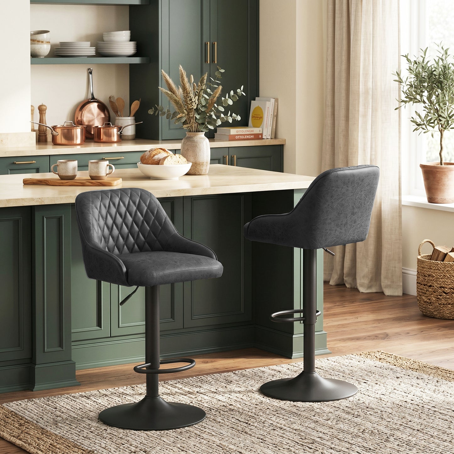 Bar Stools Adjustable Swivel Kitchen Chairs with Backrest Set of 2 for Kitchen Island Black