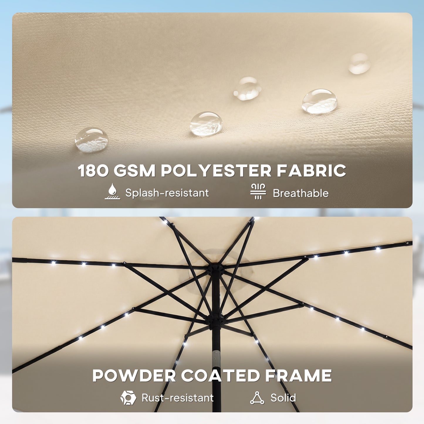 2.6 m Garden Parasol Umbrella with LED Solar Light, Parasol Cover, Outdoor Market Patio Umbrella, Beige