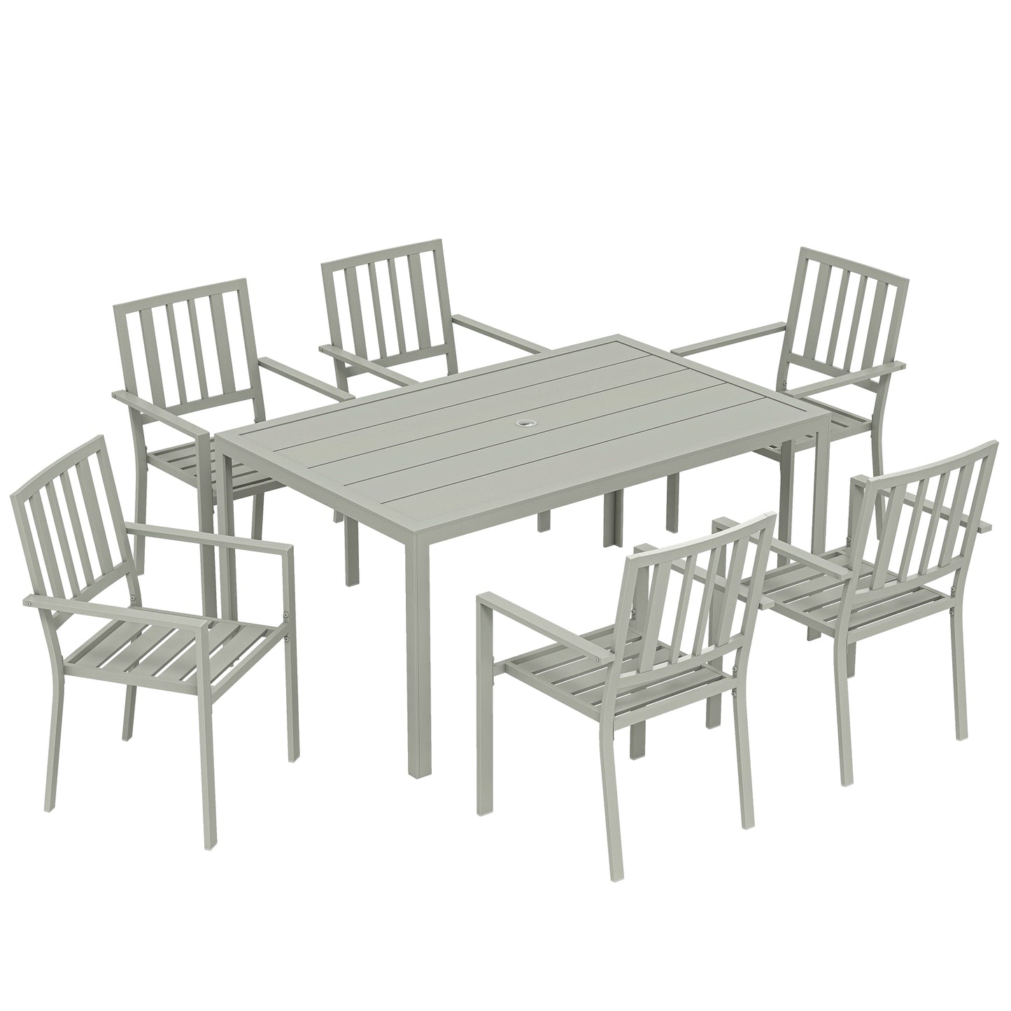 Garden Table and Chairs for 6, 7 Pieces Garden Furniture Set with Table, 6 Stackable Chairs and Umbrella Hole Light Grey