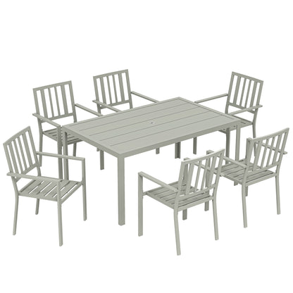 Garden Table and Chairs for 6, 7 Pieces Garden Furniture Set with Table, 6 Stackable Chairs and Umbrella Hole Light Grey