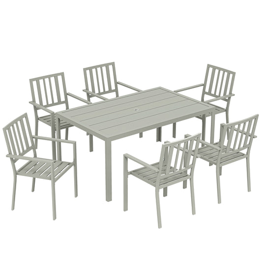 Garden Table and Chairs for 6, 7 Pieces Garden Furniture Set with Table, 6 Stackable Chairs and Umbrella Hole Light Grey