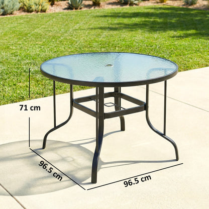 Tempered Glass Top Round Outdoor Dining Table with Parasol Hole, 96.5 x 96.5 x 71 cm