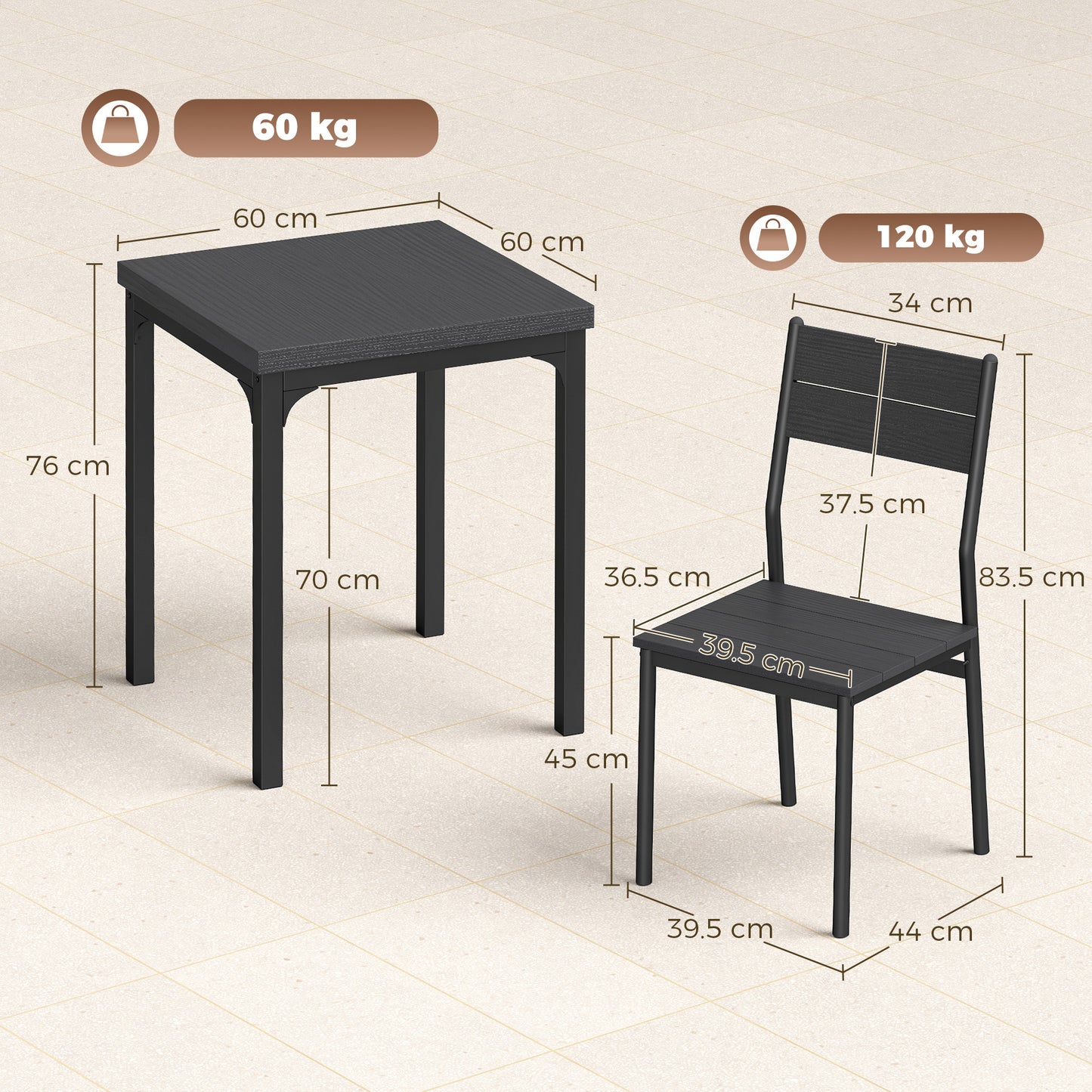 3 Piece Space-Saving Kitchen Table and Chairs, Dining Table Set for 2 with Metal Legs, Black Wood Effect