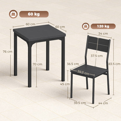 3 Piece Space-Saving Kitchen Table and Chairs, Dining Table Set for 2 with Metal Legs, Black Wood Effect