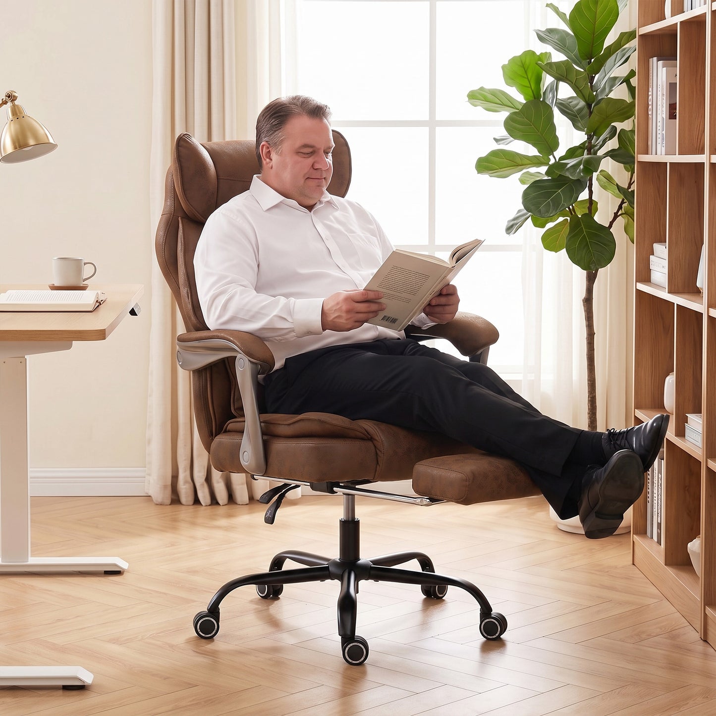 Executive Office Chair, Leathaire Big and Tall Office Chair 180 kg with Wide Seat, Reclining, Lumbar Support, Brown