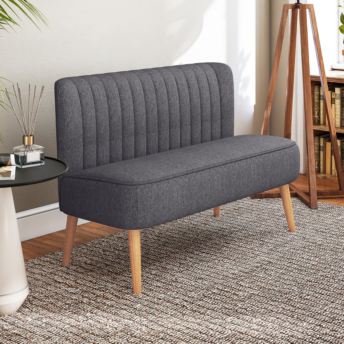 Modern Double Seat Sofa Loveseat Couch 2 Seater Compact Sofa Padded Linen Wood Leg Dark Grey
