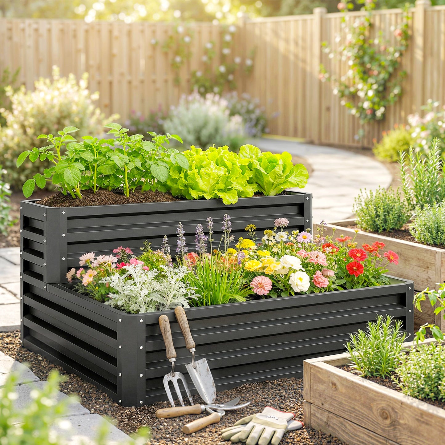 2 Tier Raised Garden Bed, Galvanised Planter Box with Open Bottom for Vegetables Flowers Herbs, 120x101x58cm, Dark Grey