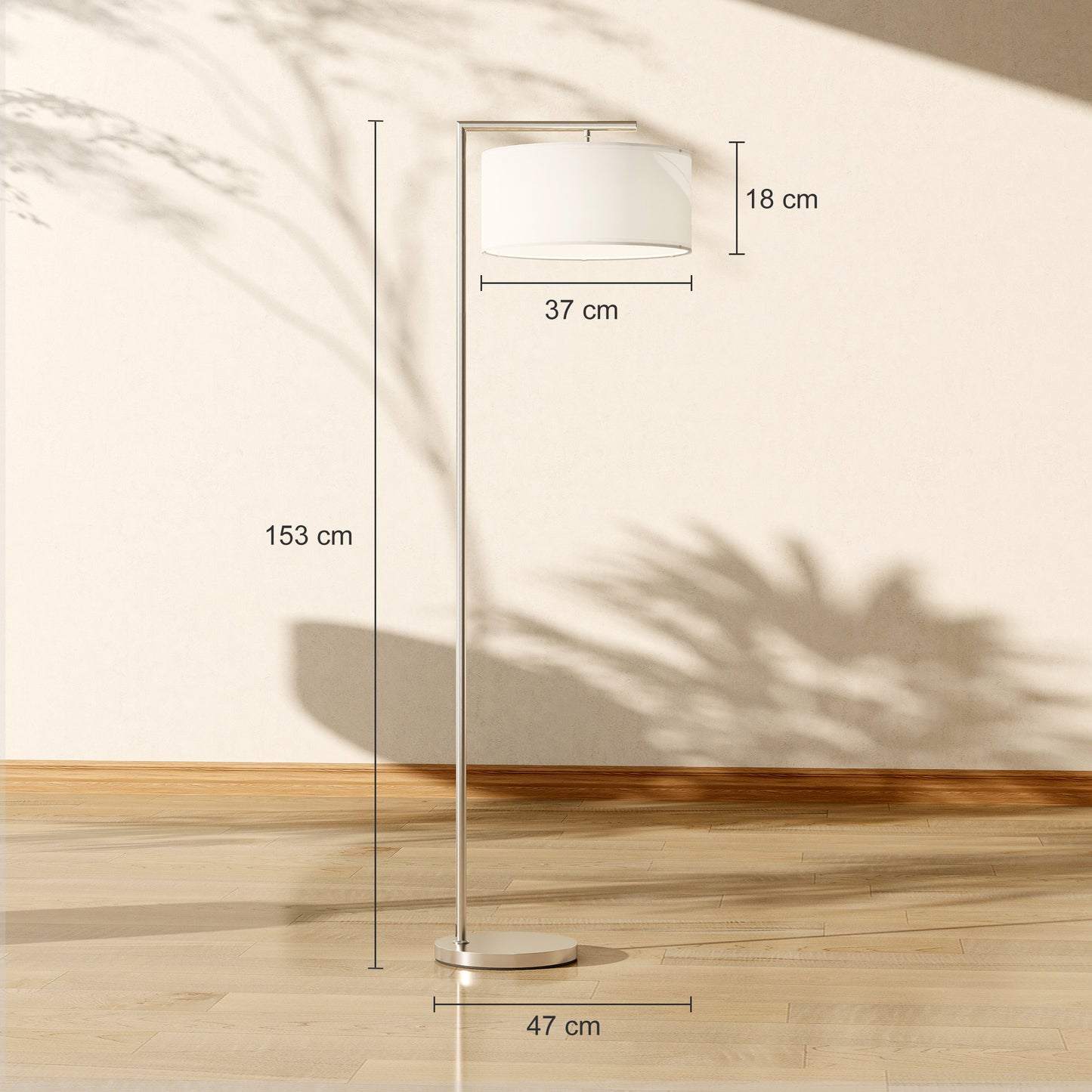 Floor Lamp, Modern Standing Lamp with Linen Lampshade, Round Base for Living Room, Bedroom, Dining Room, 153cm, Silver Tone