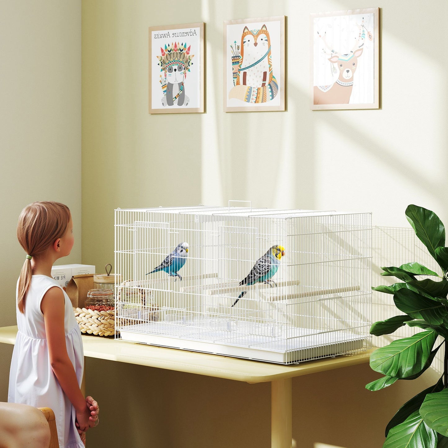 Bird Cage with Divider, 4 Wooden Perches, Slide Out Tray, 4 Feeders, for Budgie, Lovebird, Canary, 76 x 46 x 46cm, White