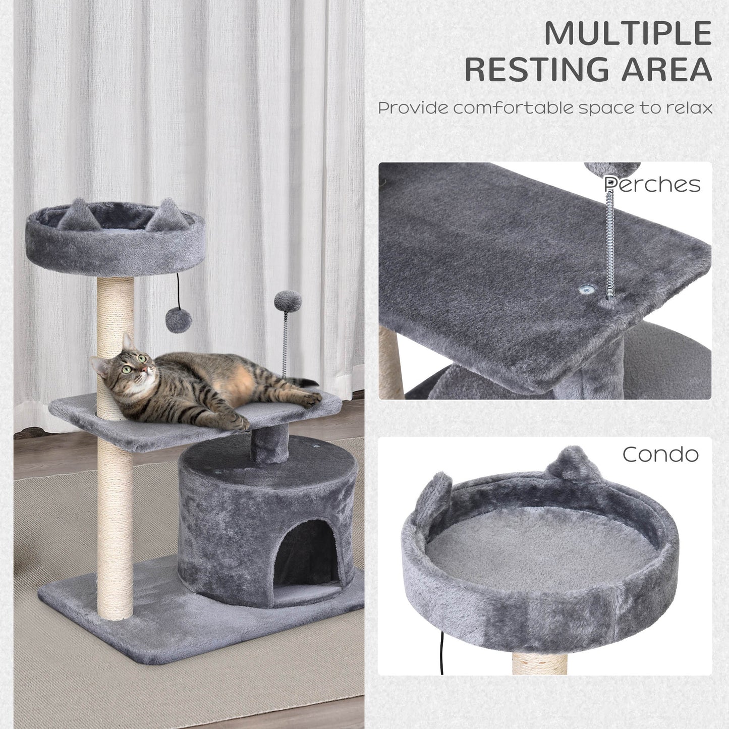 Cat Tree for Indoor Cats with Scratching Post Climbing Tower Kitty Activity Centre Condo Perch Jumping Platforms Grey 60L x 4