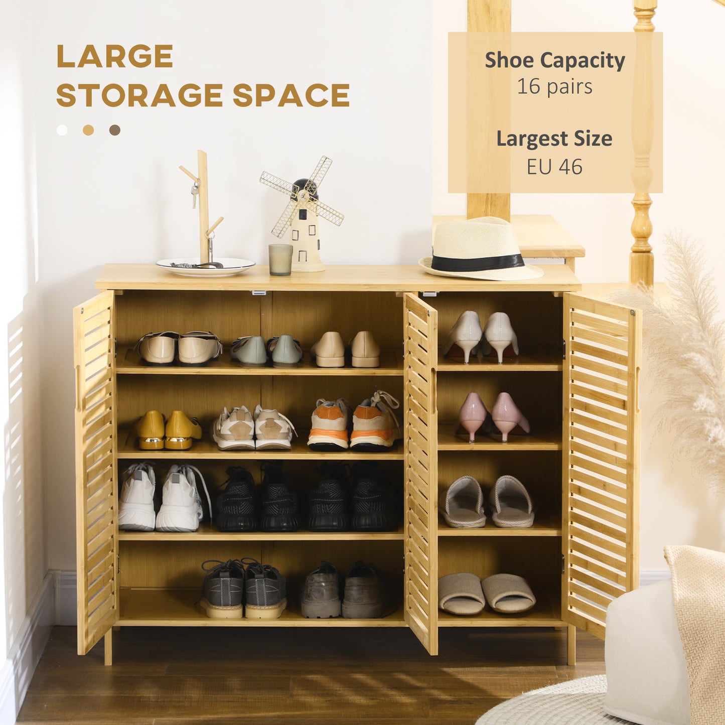 Rustic Shoe Cabinet, 3 Door Shoe Storage Cabinet with 8 Shelves, Natural Wood Finish